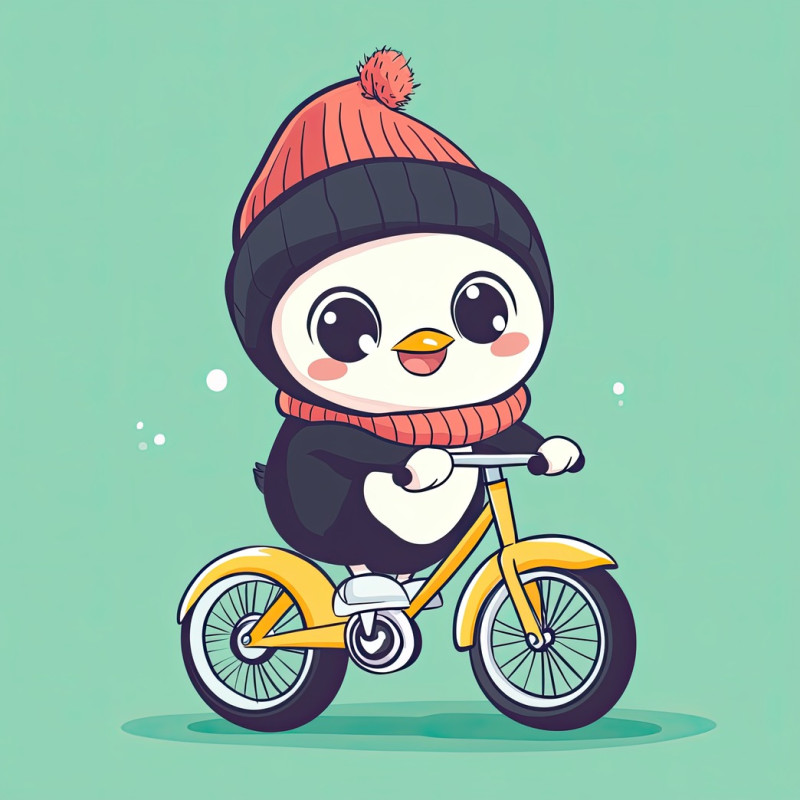 A cute chubby penguin wearing a warm woolly beanie rides a tiny yellow bicycle, waddling happily, cute animal rider flat icon, ideal for winter and fun concepts