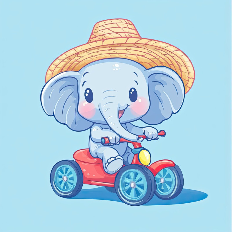 A playful baby elephant wearing a straw hat rides a colorful tricycle, ears flapping in joy, cute animal rider flat icon, great for cheerful and child-friendly designs