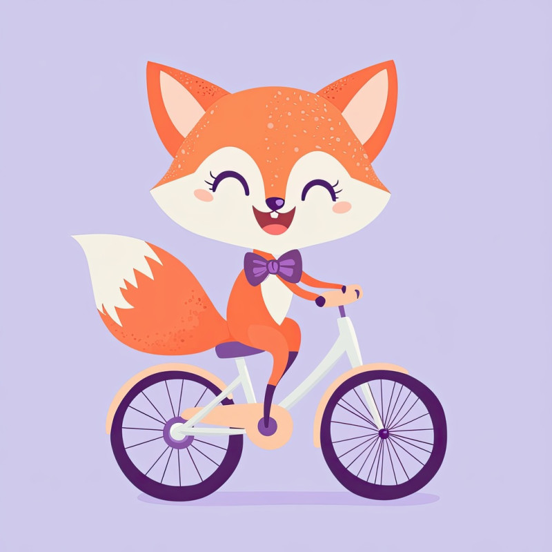 A smiling red fox wearing a tiny bowtie rides a pastel-colored bicycle, looking dapper, cute animal rider flat icon, ideal for charming and stylish illustrations