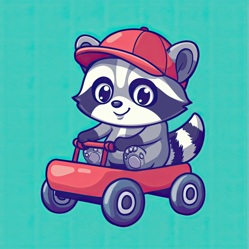 A chubby raccoon wearing a tiny baseball cap rides a small red wagon, enjoying the ride, cute animal rider flat icon, great for playful and fun-filled designs