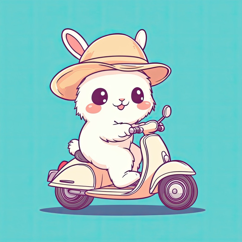 A fluffy white bunny wearing a little sunhat rides a vintage-style scooter, hopping along happily, cute animal rider flat icon, perfect for soft and nostalgic themes