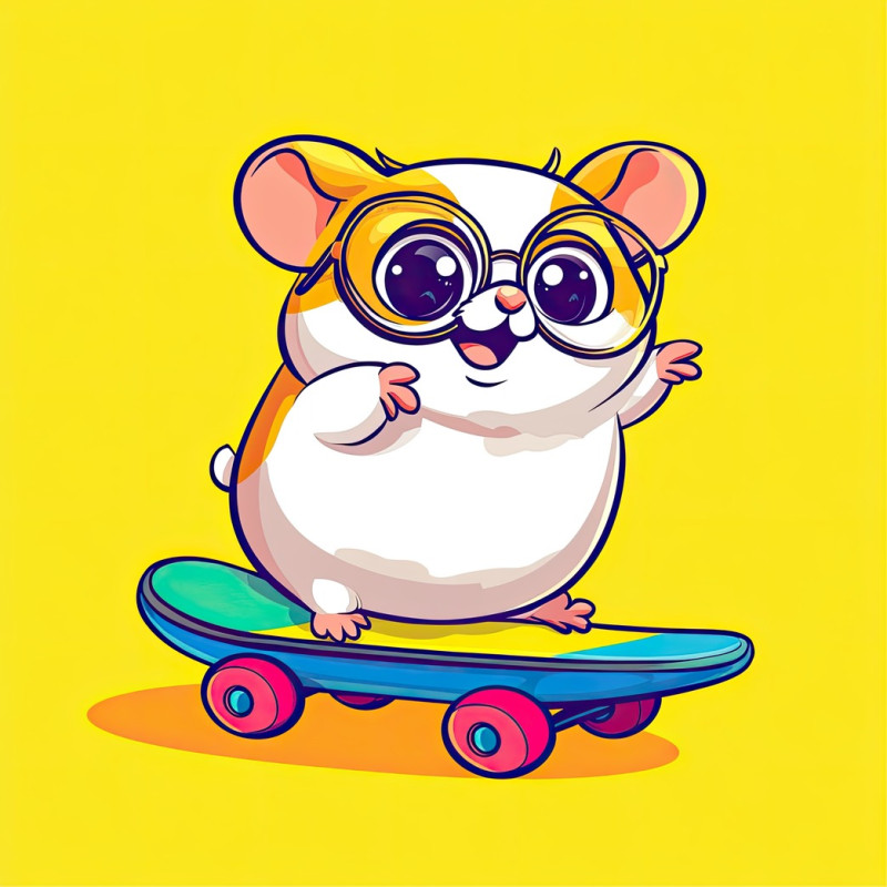 A tiny chubby hamster wearing round glasses rides a colorful skateboard, rolling with joy, cute animal rider flat icon, great for quirky and fun digital art