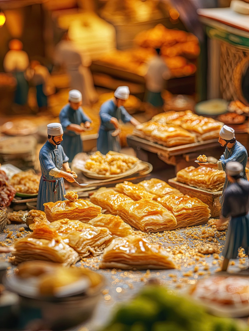 Maamoul cookies dusted with powdered sugar, stamped with intricate designs, arranged on a vibrant table with three workers, eid al fitr miniature workers food photography