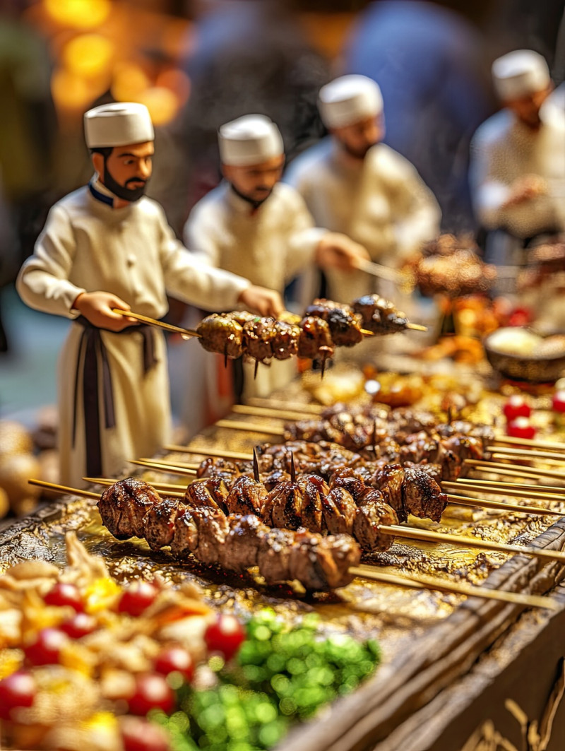 Sweet vermicelli sheer khurma in a bowl, garnished and arranged on a vibrant table with seven workers, eid al fitr miniature workers food photography