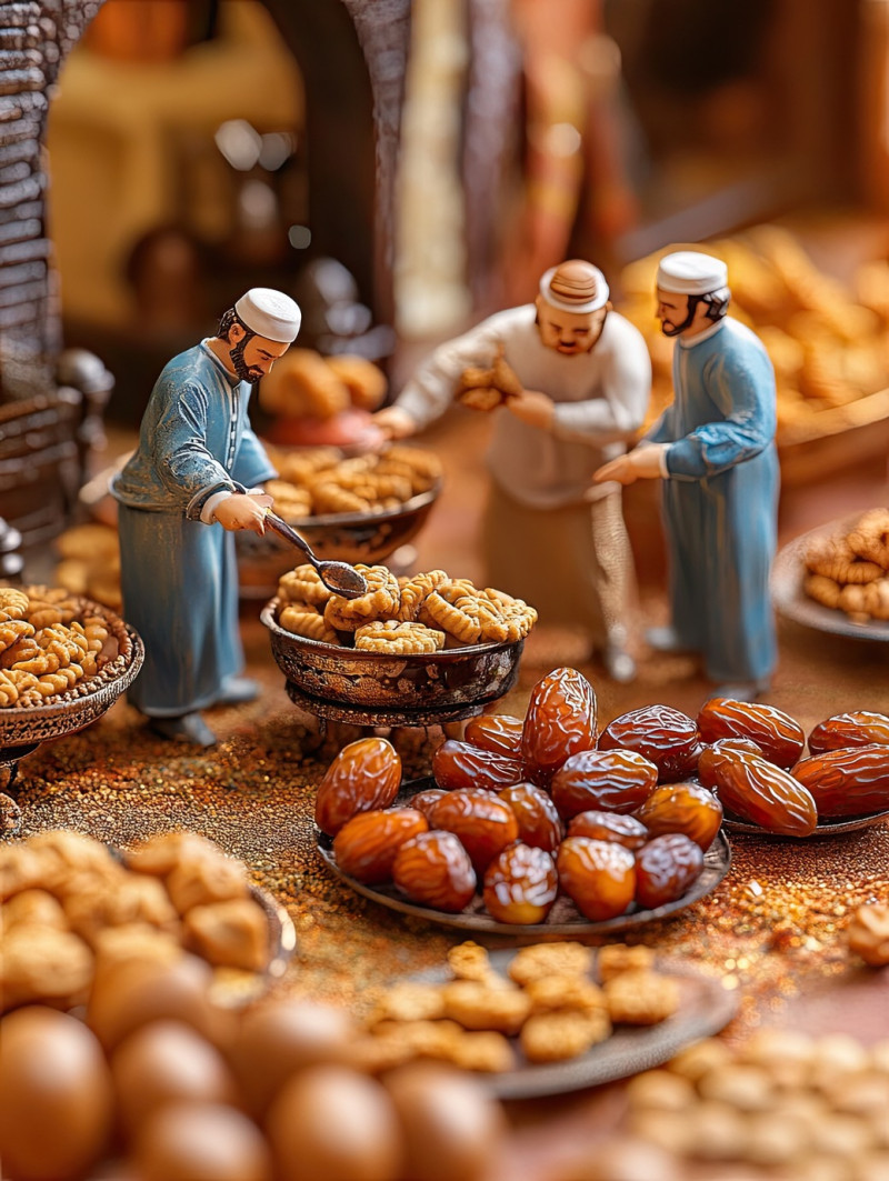 Stuffed ghraybeh cookies with delicate textures arranged on a vibrant table, with eight workers, eid al fitr miniature workers food photography
