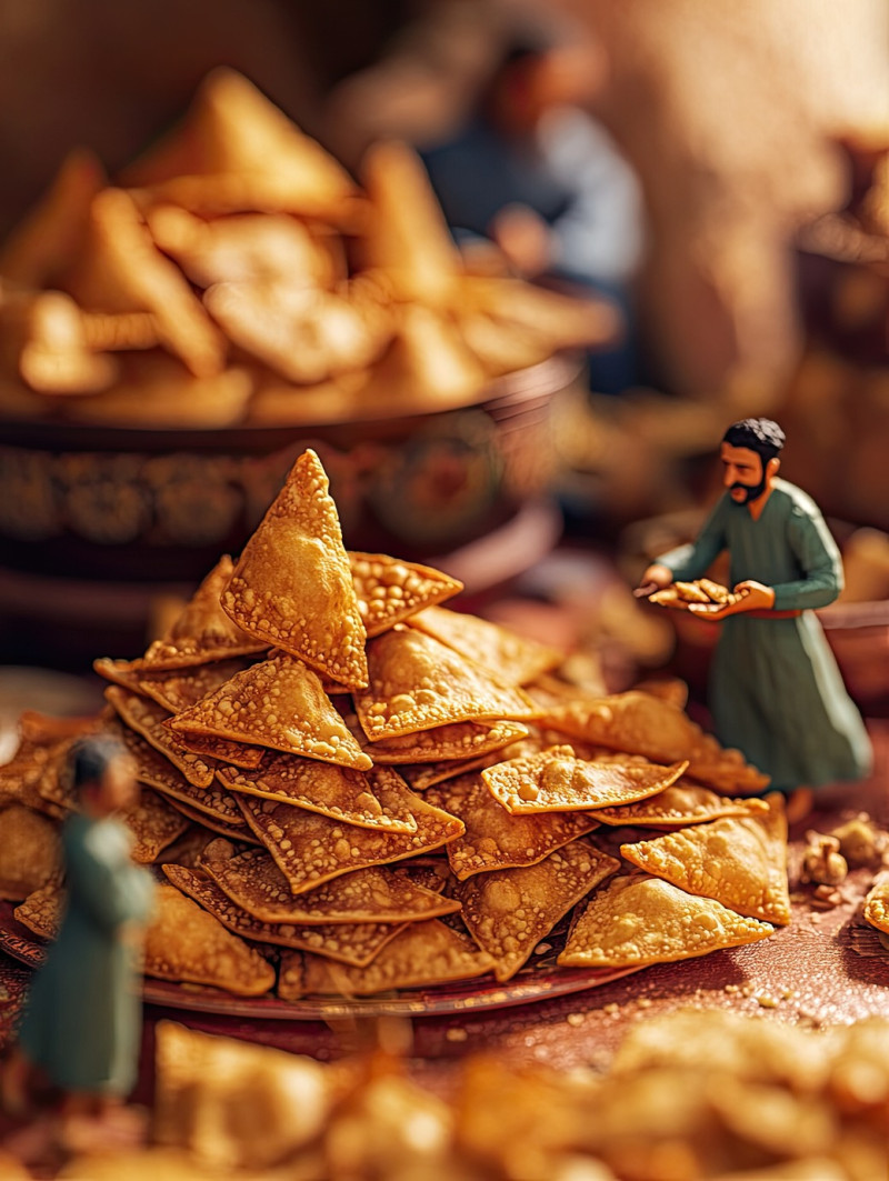 Golden, flaky baklava stacked neatly on a vibrant table, with six workers, eid al fitr miniature workers food photography
