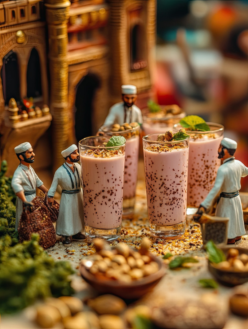 Succulent lamb kebabs on skewers grilled to perfection, arranged on a vibrant table with four workers, eid al fitr miniature workers food photography