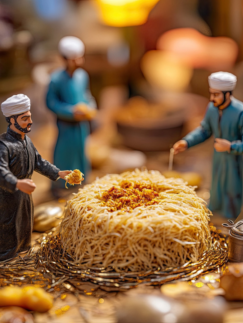 Plump medjool dates and maamoul cookies arranged on a vibrant table, with five workers, eid al fitr miniature workers food photography
