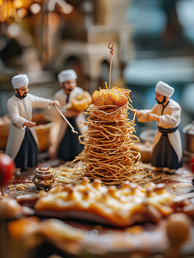 Steaming plate of biryani garnished with saffron and nuts arranged on a vibrant table, with seven workers, eid al fitr miniature workers food photography