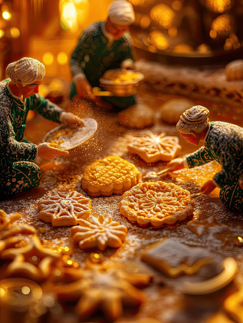 Crispy golden samosas stacked neatly on a vibrant table, with three workers, eid al fitr miniature workers food photography