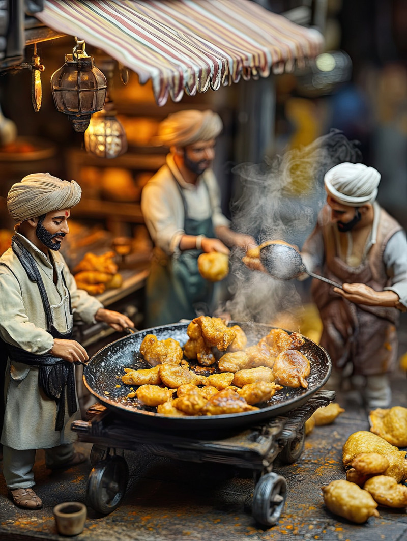 A cast iron griddle filled with smoky charred kebabs, with five workers grilling meat nearby at a miniature indian street food stall