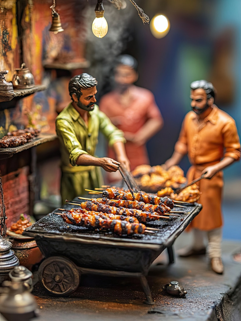 A copper tawa filled with crispy amber hued dosas, with two workers flipping dosas nearby at a miniature indian street food stall