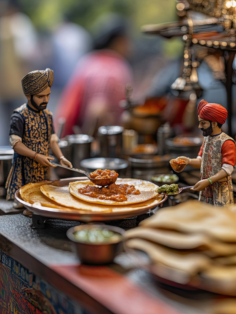 A brass steamer filled with steaming pale yellow idlis, with three workers arranging idlis nearby at a miniature indian street food stall