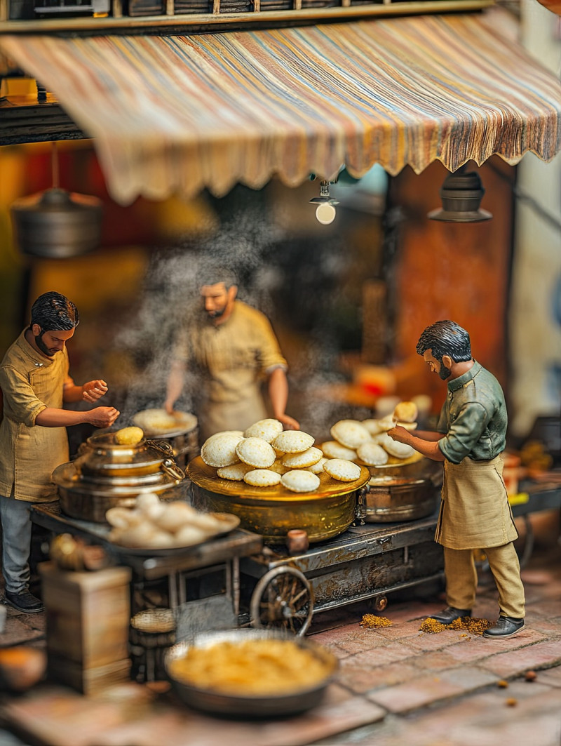 A stone oven filled with smoky golden baked naan, with two workers kneading dough nearby at a miniature indian street food stall