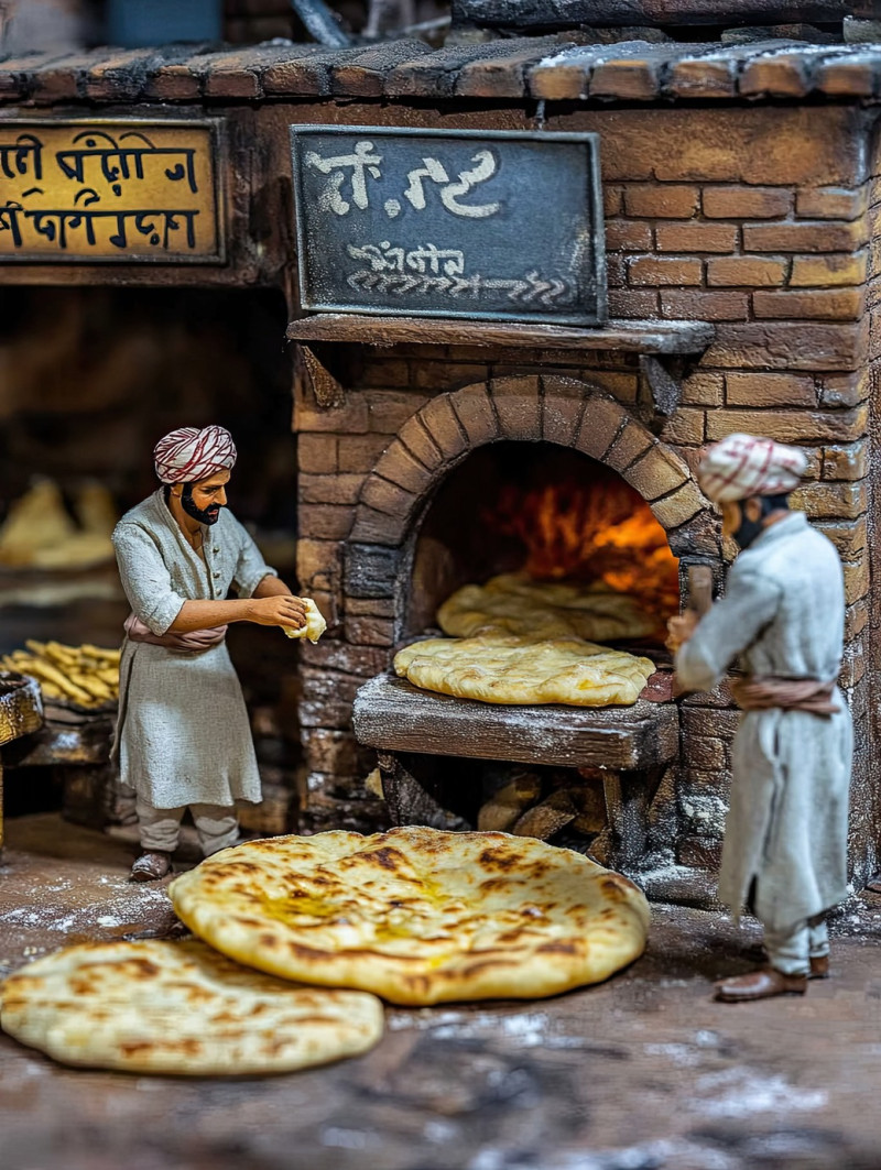 A portable charcoal grill filled with charred amber hued paneer tikka, with four workers skewering pieces nearby at a miniature indian street food stall