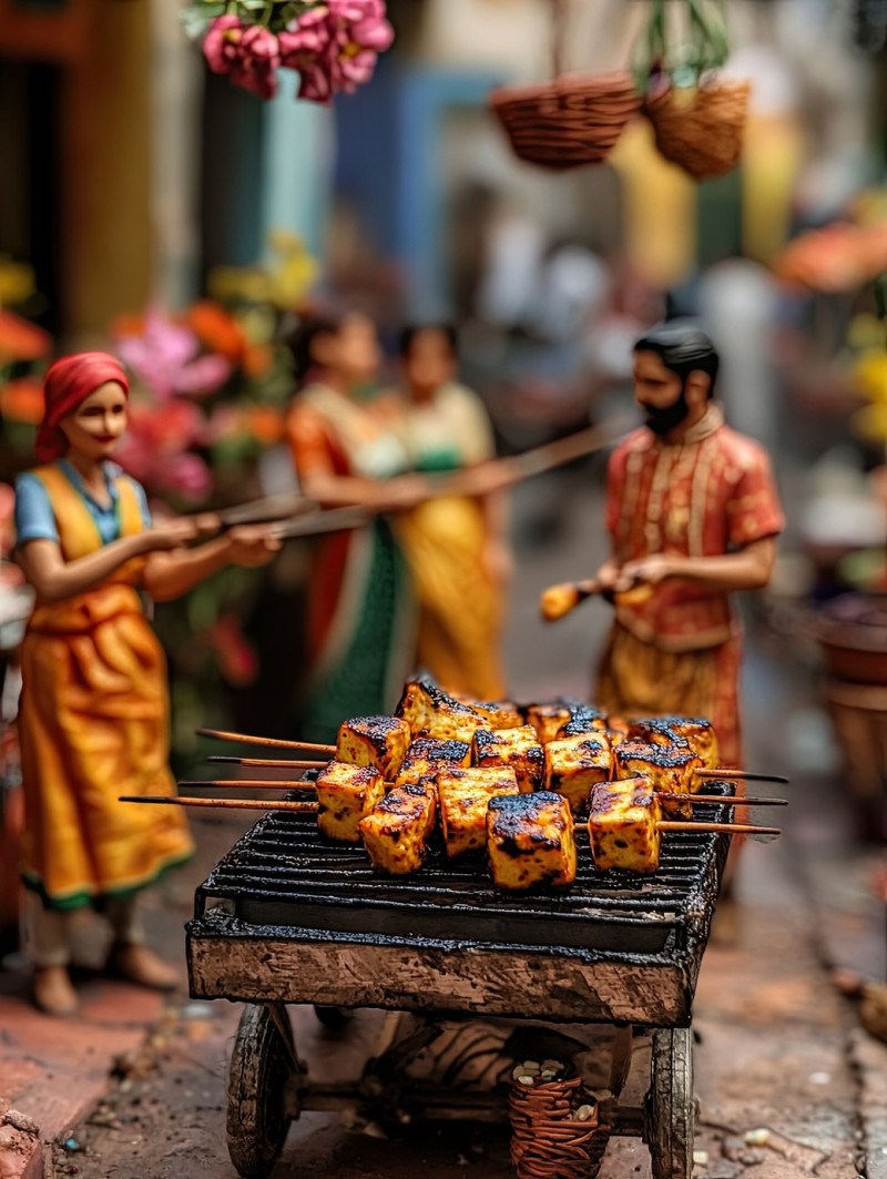 A traditional tandoor oven filled with smoky saffron infused biryani, with six workers layering rice nearby at a miniature indian street food stall