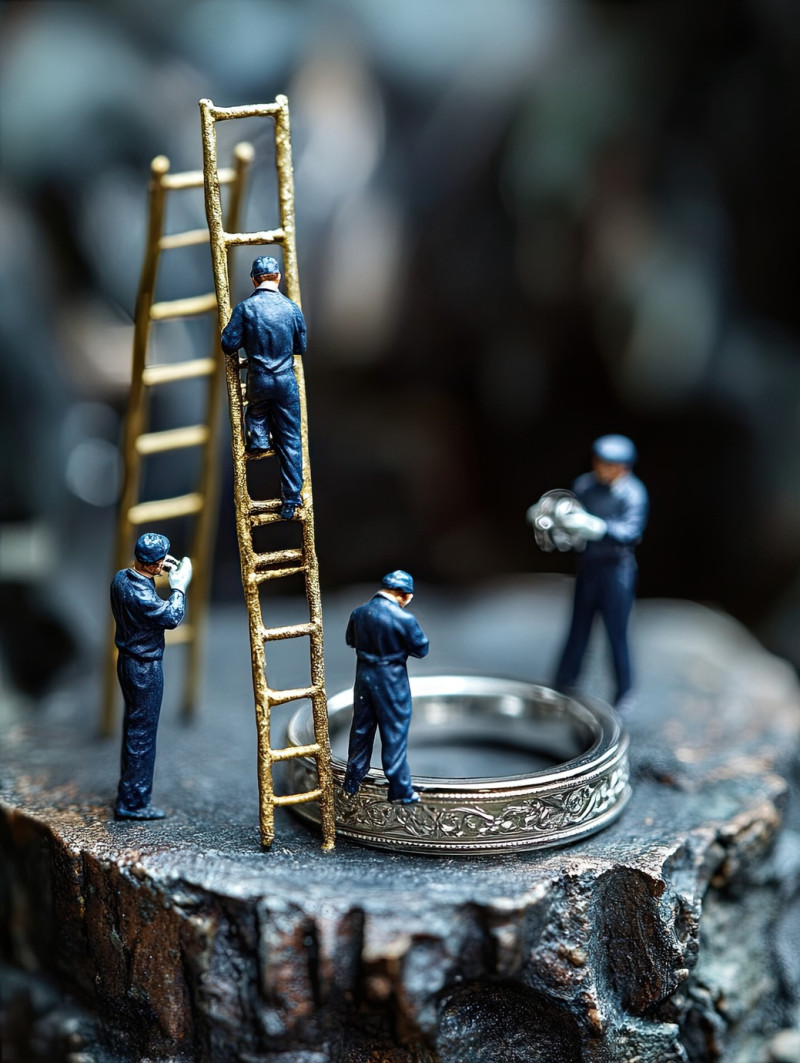 Miniature workers using buffing wheels and micro polishers to carefully polish a platinum ring with engraved details, precision craftsmanship, miniature workers jewelry photography