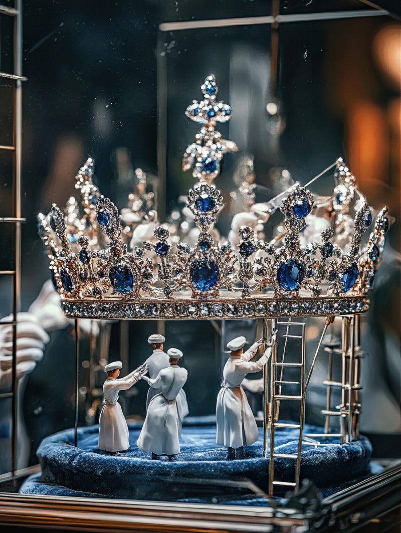 Miniature workers using tweezers and engraving tools to refine a silver crown with deep blue sapphires, fine detail craftsmanship, miniature workers jewelry photography