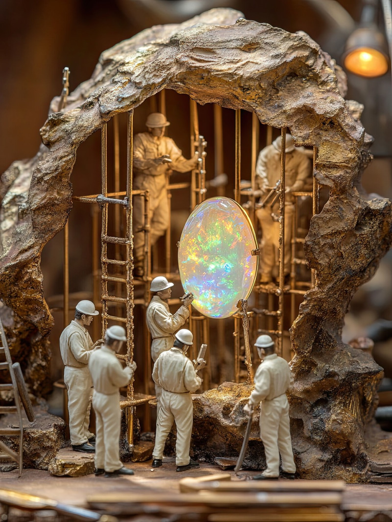 Miniature workers using fine grit sandpaper and polishing stones to shape a gold frame with an iridescent opal centerpiece, delicate jewelry work, miniature workers jewelry photography