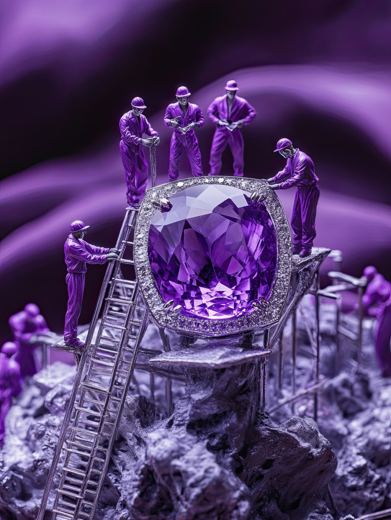 Miniature workers using chisels and diamond tipped drills to shape a silver band with a large faceted amethyst, intricate craftsmanship, miniature workers jewelry photography