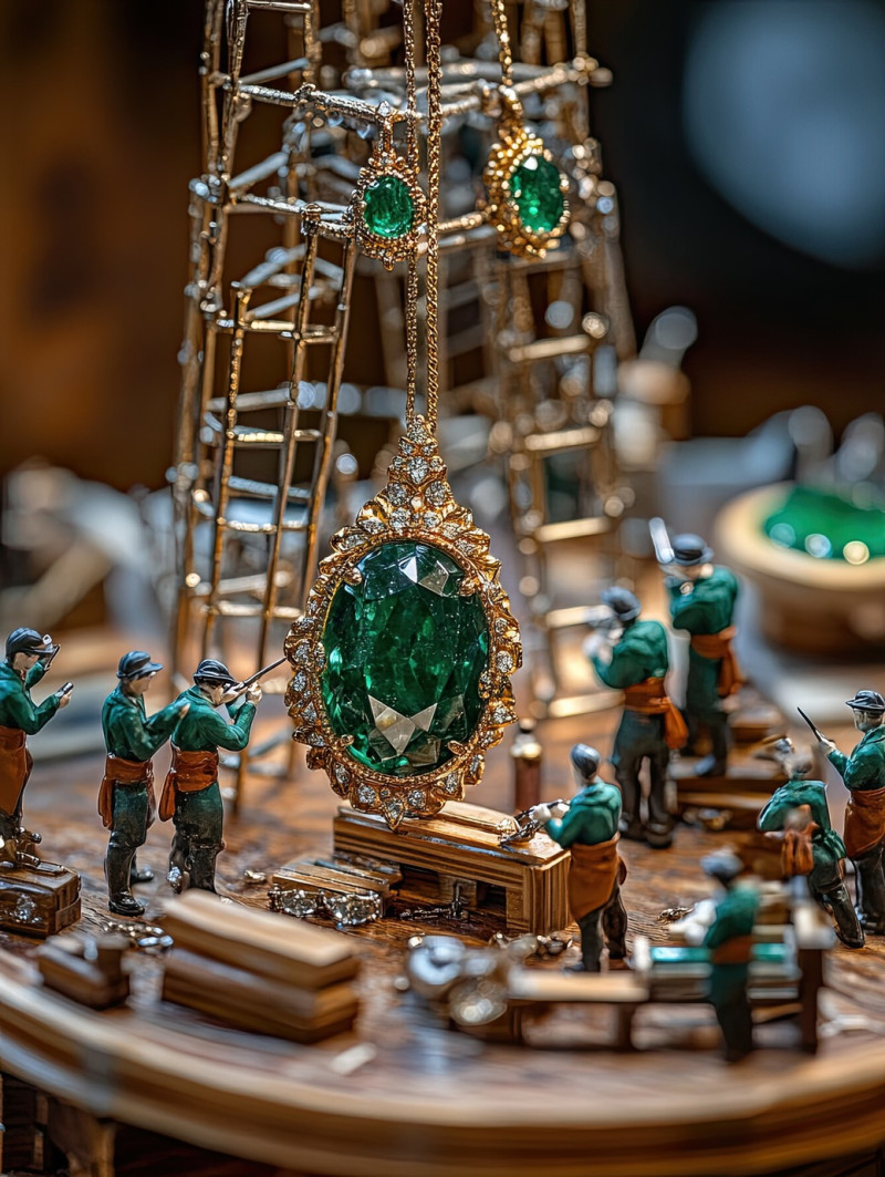 Miniature workers using tweezers and gem setting tools to secure green emeralds in an intricate gold setting, delicate precision work, miniature workers jewelry photography