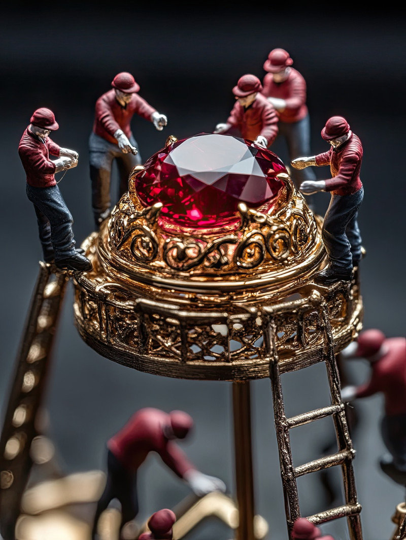 Miniature workers using gem setting prongs and laser engravers to secure a deep red ruby in an ornate gold setting, fine jewelry craftsmanship, miniature workers jewelry photography