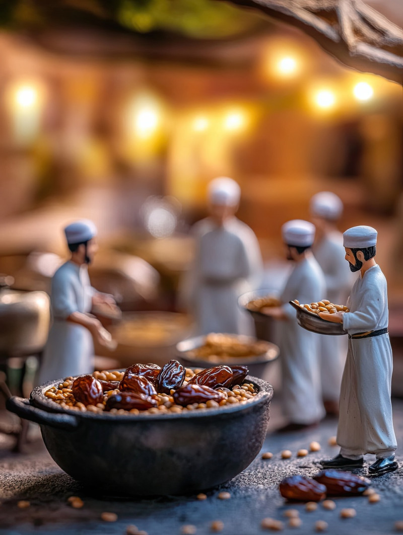 Juicy dates and a bowl of lentil soup with 5 miniature workers preparing an iftar meal. ramadan iftar miniature workers food photography