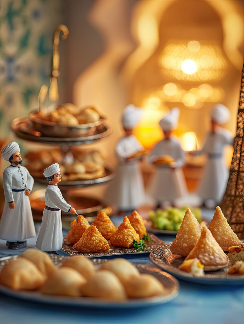 Samosas, pakoras, and baklava tray with 7 miniature workers serving an iftar meal. ramadan iftar miniature workers food photography