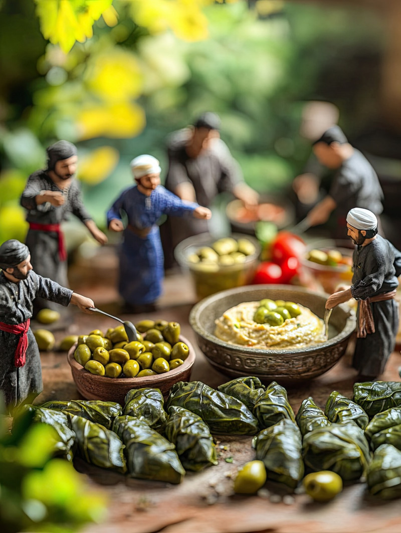 Stuffed grape leaves, hummus, and olives with 6 miniature workers preparing an iftar meal. ramadan iftar miniature workers food photography