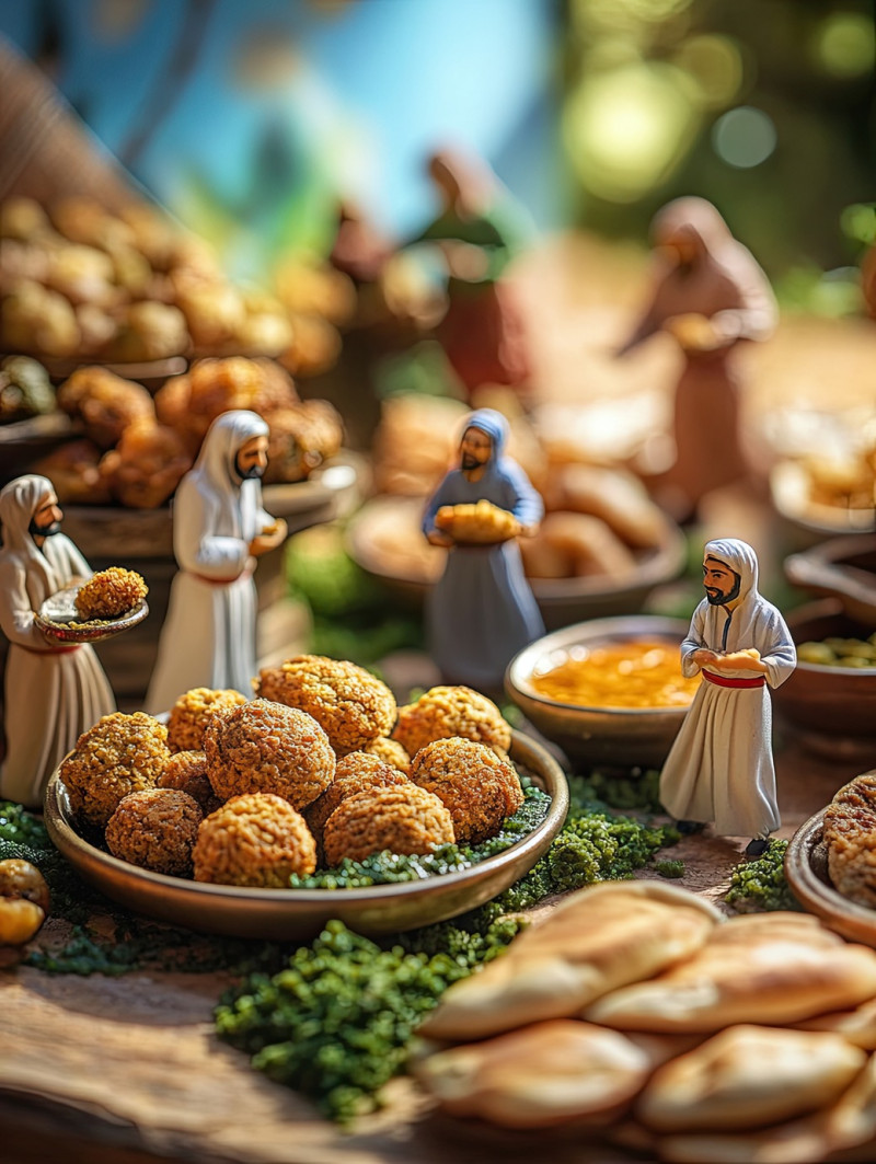 Golden fried falafel, tahini sauce, and pita bread with 5 miniature workers preparing an iftar meal. ramadan iftar miniature workers food photography
