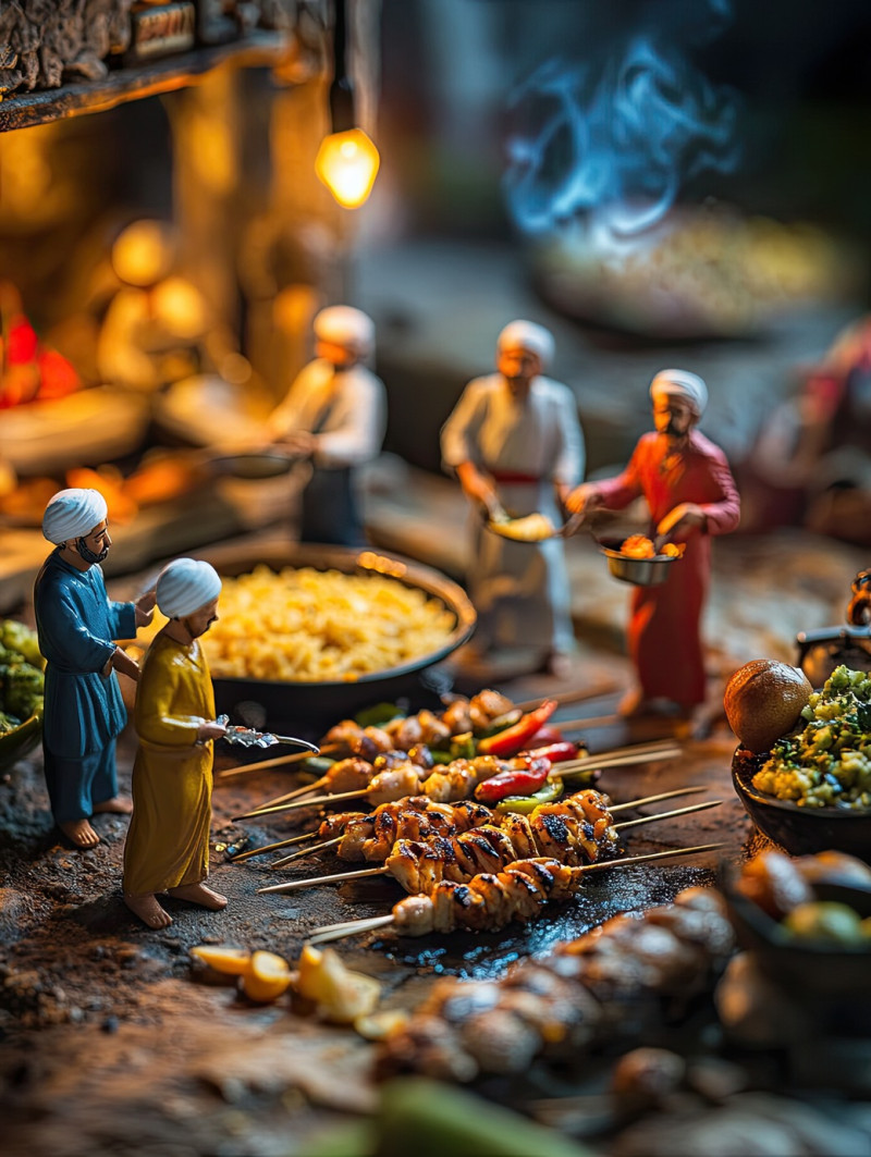 Chicken skewers, grilled vegetables, and rice pilaf with 6 miniature workers serving an iftar meal. ramadan iftar miniature workers food photography