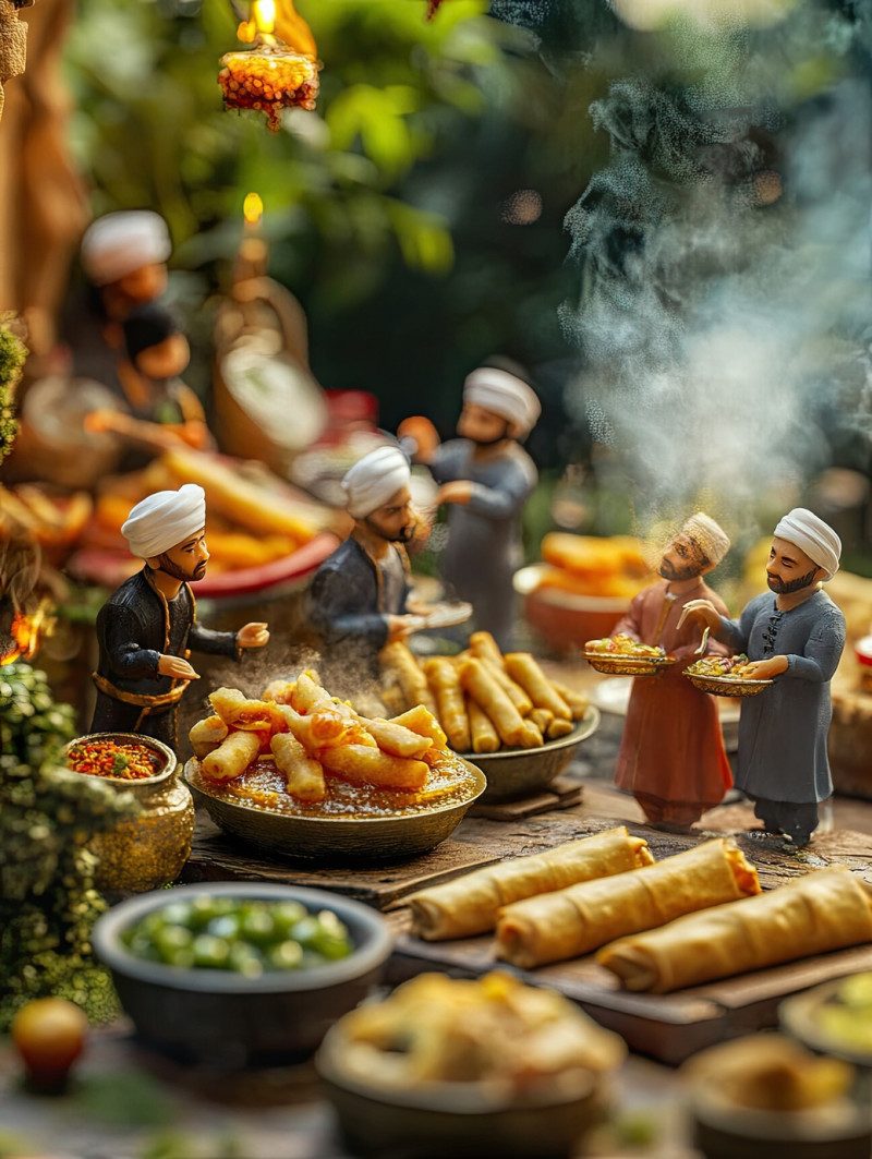 Crispy spring rolls, sweet jalebi, and fresh fruit with 7 miniature workers preparing an iftar meal. ramadan iftar miniature workers food photography