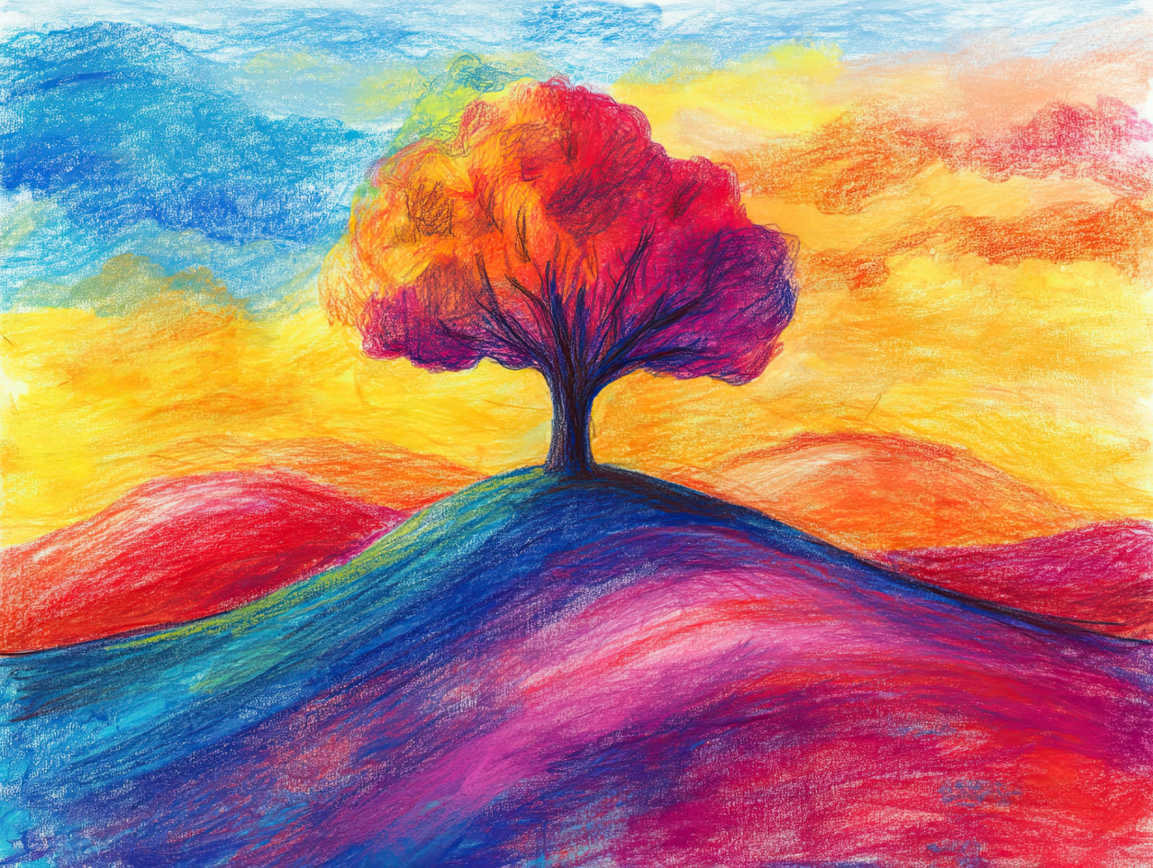 A lonely tree stands on a hill under a vast sky, surrounded by open space, crayon drawing with pastel pencil crayons and litho crayon, peaceful nature scene