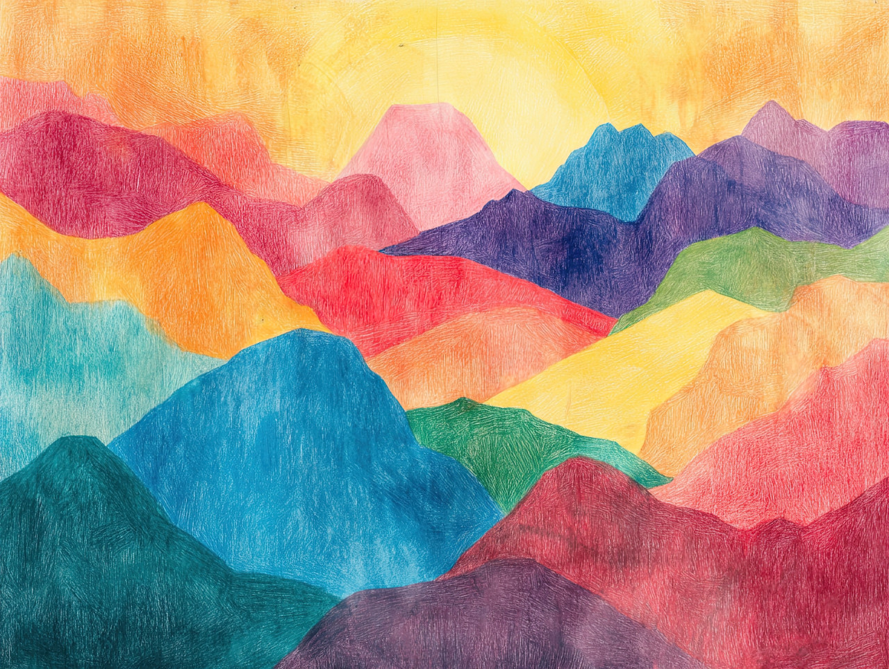 A misty mountain range stretches into the distance, covered in soft fog, crayon drawing using pastel pencil crayons and litho crayon, tranquil landscape art