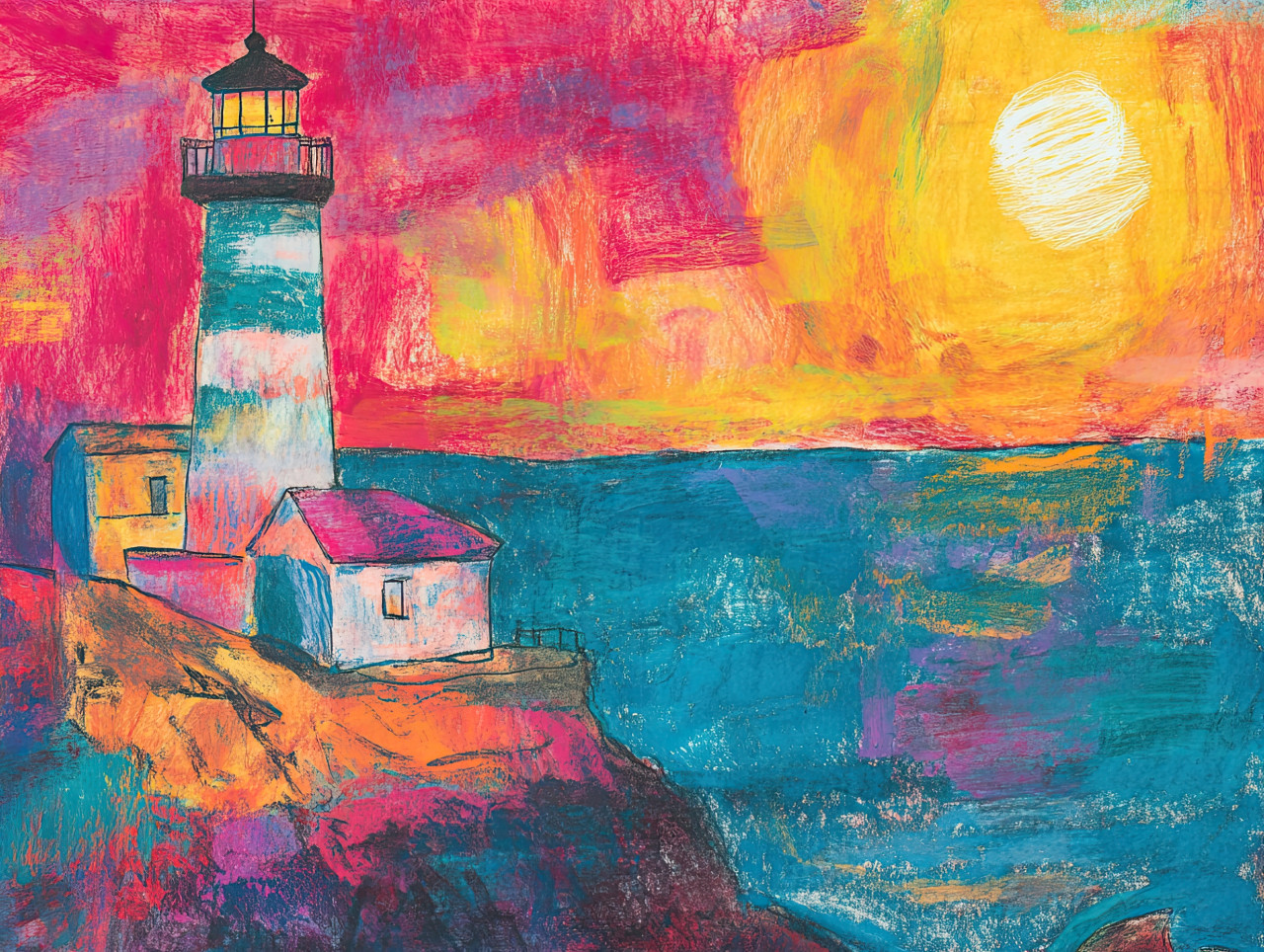An old lighthouse stands tall by the sea, guiding ships through the waves, crayon drawing with pastel pencil crayons and litho crayon, coastal landscape theme