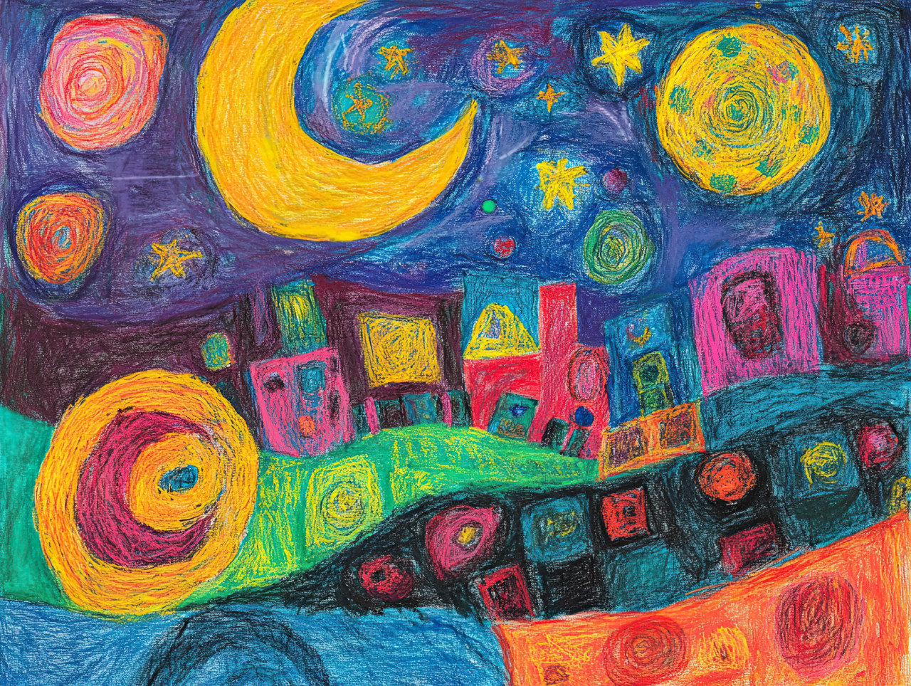 A bright moon and twinkling stars shine in the dark night sky, crayon drawing with pastel pencil crayons and litho crayon, peaceful nighttime scenery