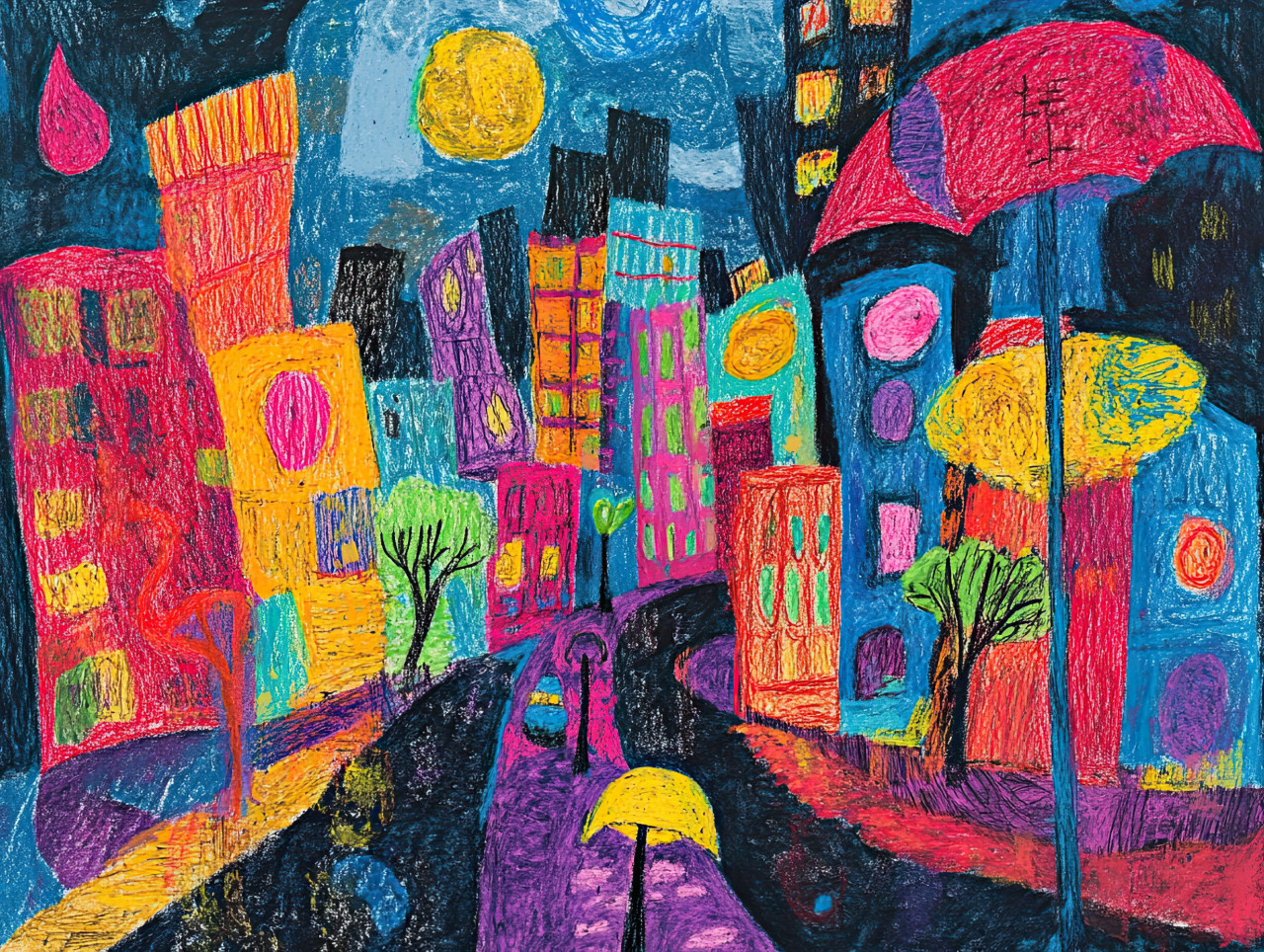 A rainy city street glows under streetlights as reflections shimmer on wet pavement, crayon drawing with pastel pencil crayons and litho crayon, urban rain scene