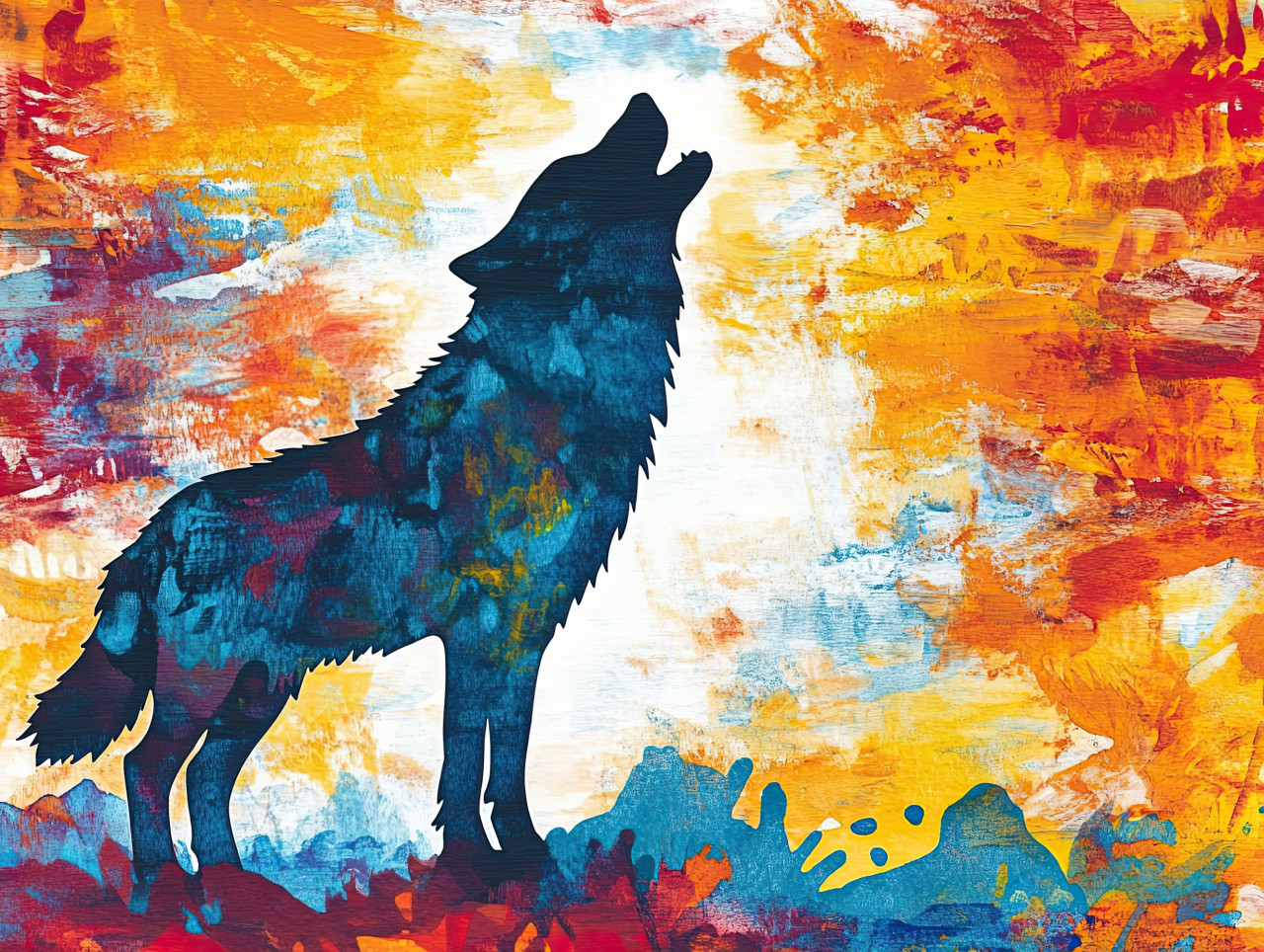 A lone wolf howls at the moon, its silhouette standing out against the night, crayon drawing using pastel pencil crayons and litho crayon, wildlife night scene