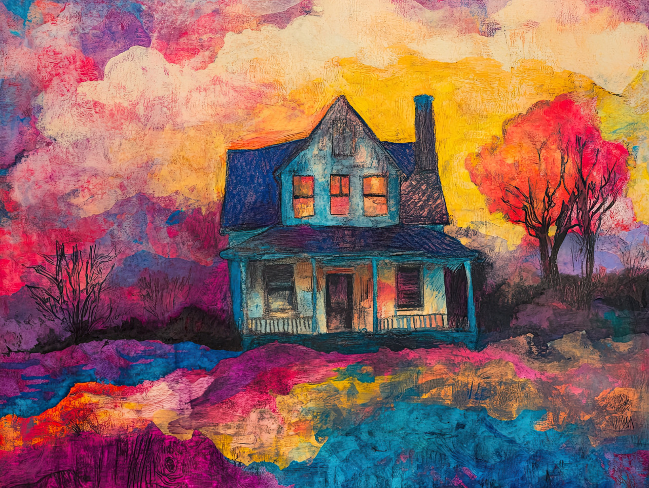 An abandoned house stands in thick fog, its details fading into the mist, crayon drawing with pastel pencil crayons and litho crayon, eerie mystery theme