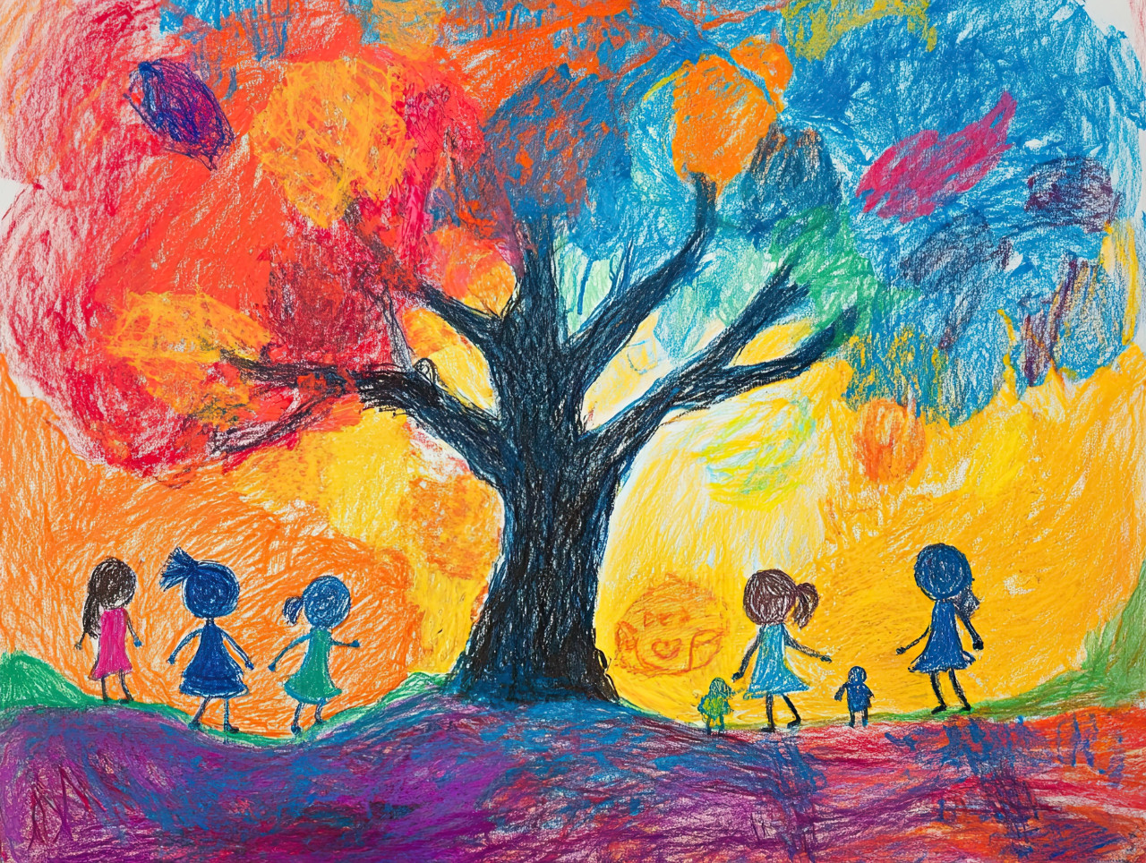 Children play joyfully under a large tree, laughing and running in nature, crayon drawing with pastel pencil crayons and litho crayon, happy childhood scene