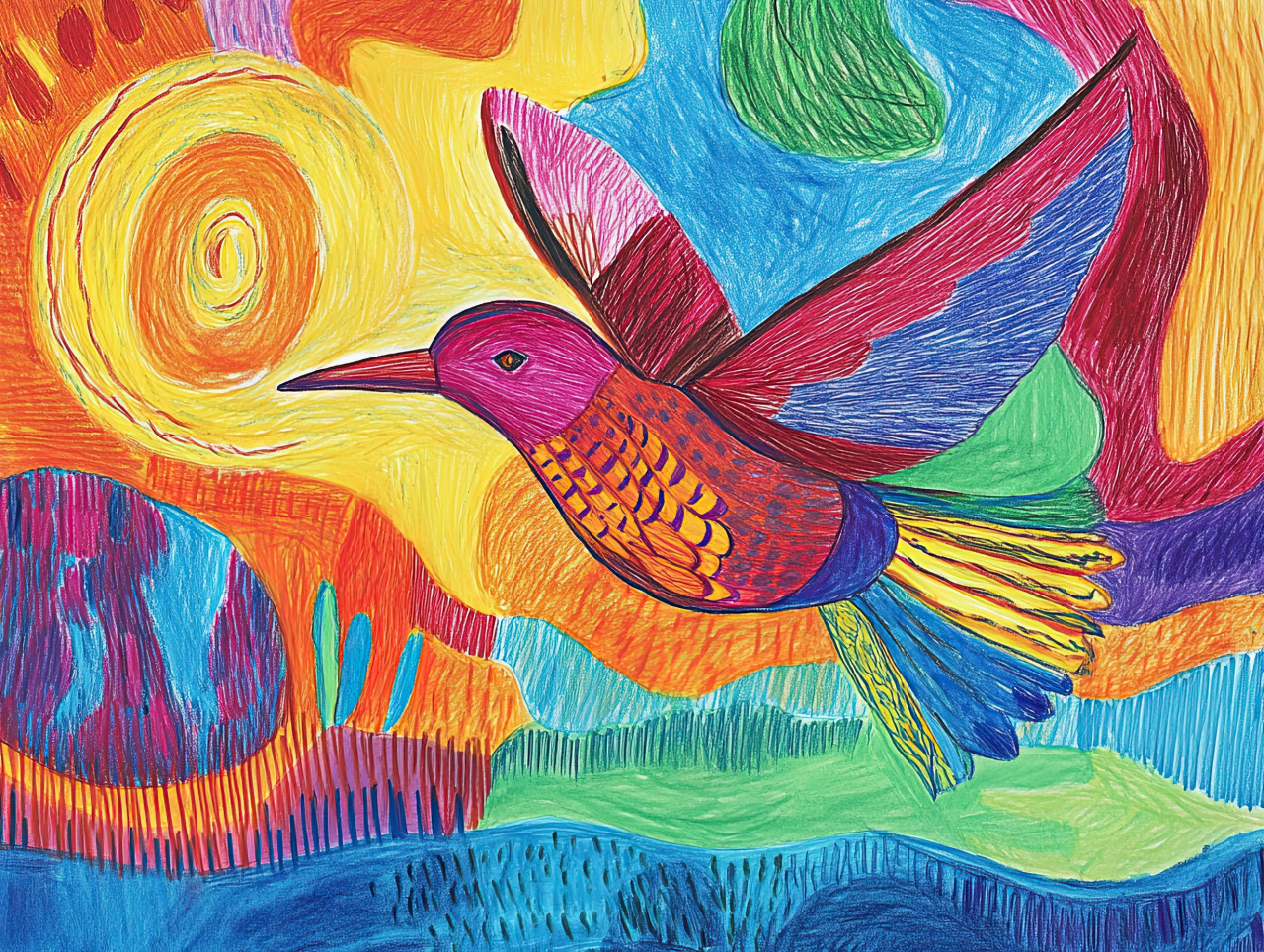 A bird soars high over a calm body of water, wings spread wide in flight, crayon drawing using pastel pencil crayons and litho crayon, freedom and nature