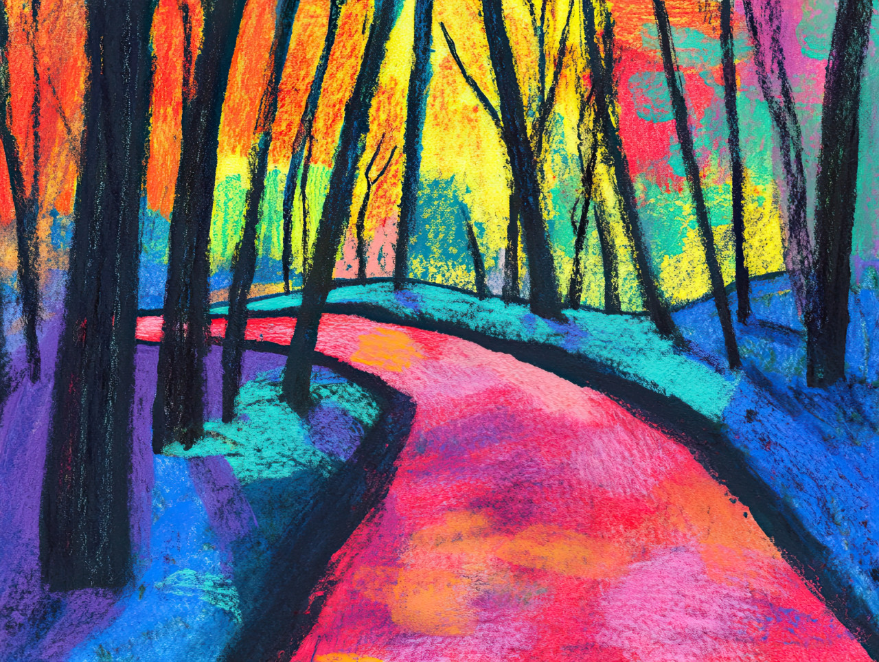 A shadowy forest path winds through tall trees, fading into mystery, crayon drawing with pastel pencil crayons and litho crayon, enchanted woods concept