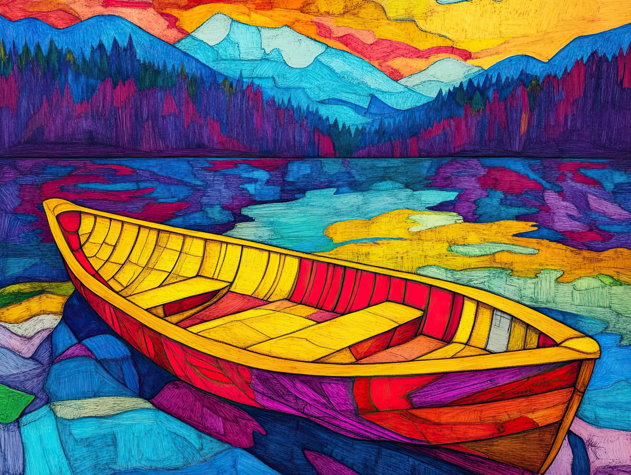 A small boat drifts on a quiet lake, surrounded by peaceful water, crayon drawing using pastel pencil crayons and litho crayon, calm lake scene