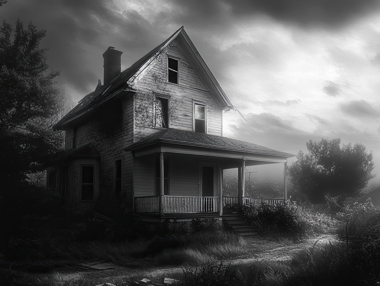 Abandoned house in grayscale at dusk with broken windows and peeling paint, eerie and mysterious, forgotten home surrounded by shadows, haunted atmosphere