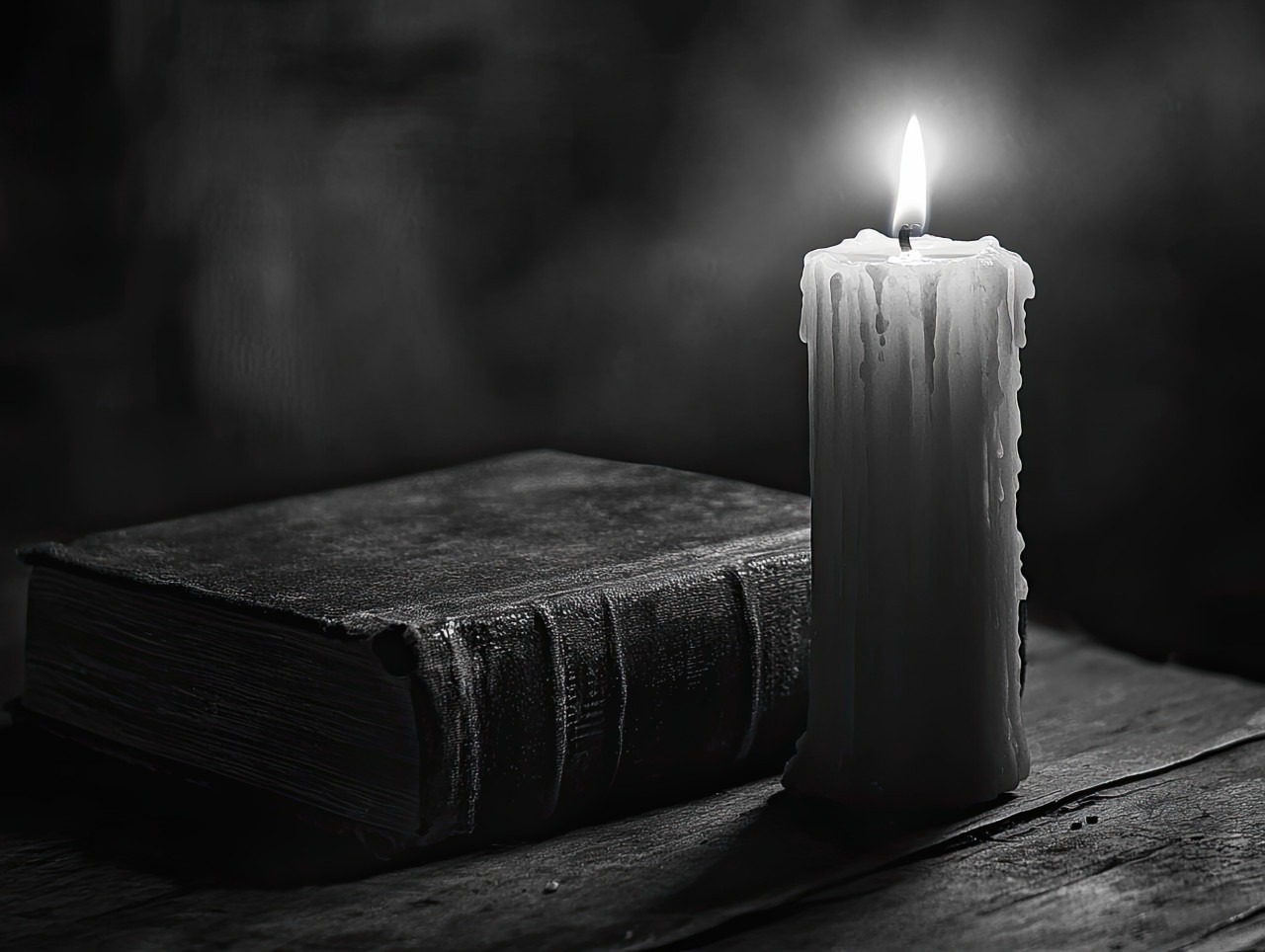 Old book lit by candlelight in grayscale, pages worn with time, warm glow flickers on ancient text, nostalgic and historical, quiet reading moment