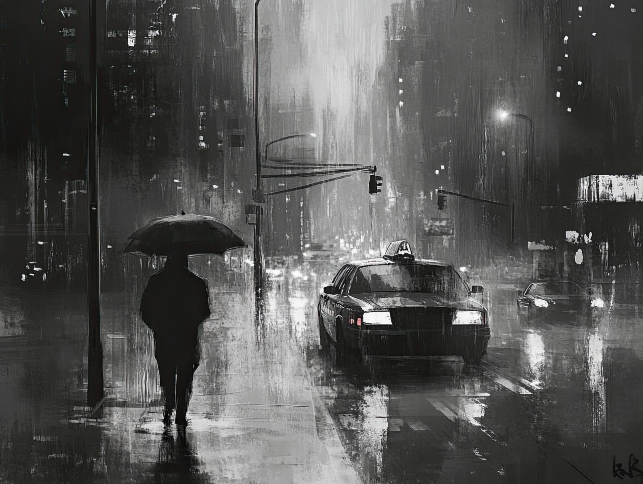 Rainy city street in grayscale, wet pavement reflecting dim lights, people with umbrellas rushing, moody and atmospheric, urban night scene