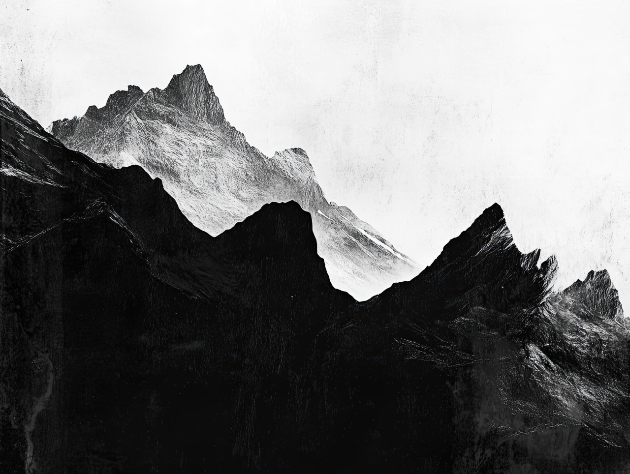 Silhouetted mountain range in grayscale, peaks fading into mist, dramatic and vast, peaceful nature landscape, untouched wilderness at dawn