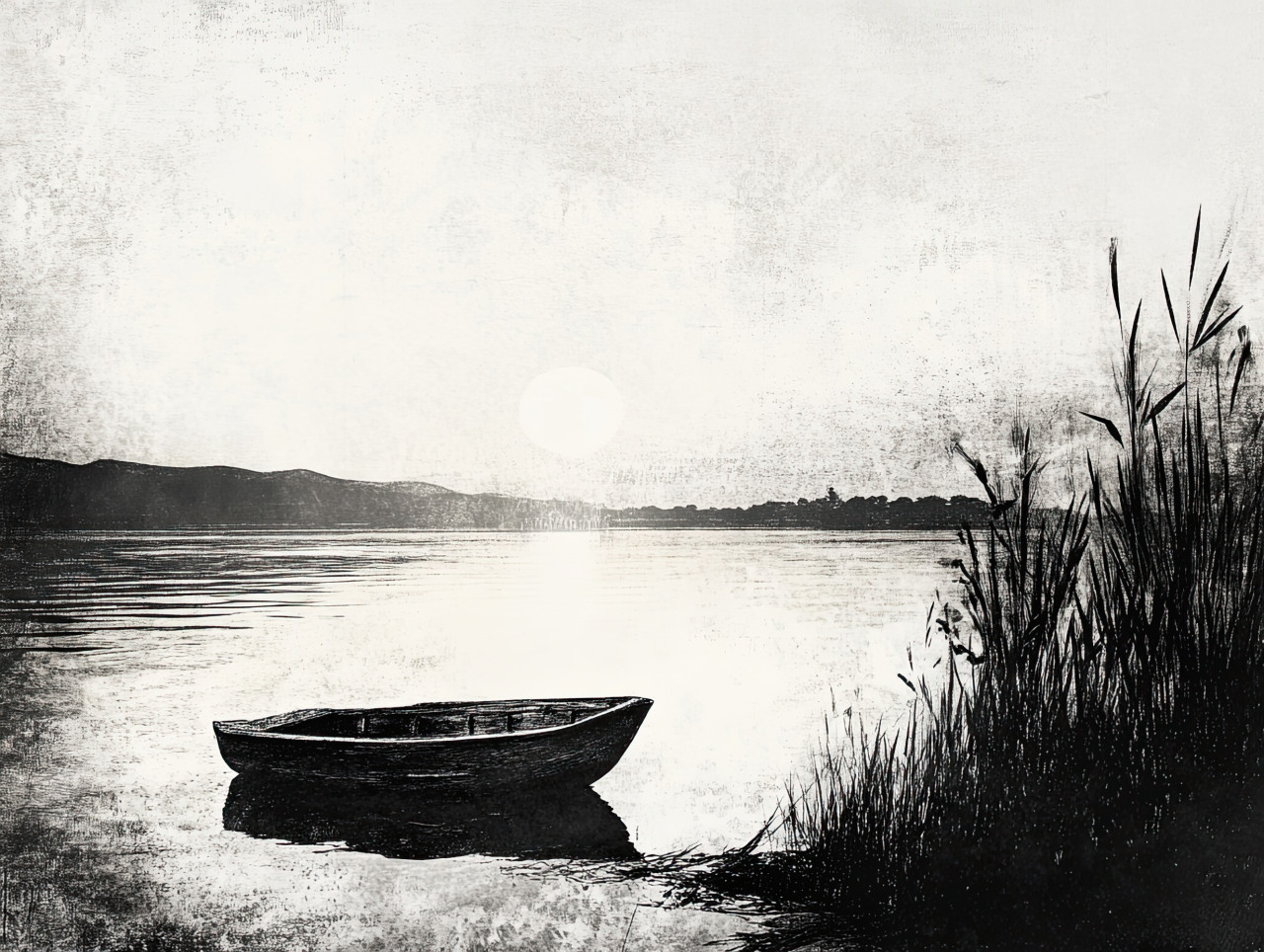 Solitary boat floating on a calm lake in grayscale, mist rising above water, peaceful and mysterious, quiet escape in nature, stillness of dawn