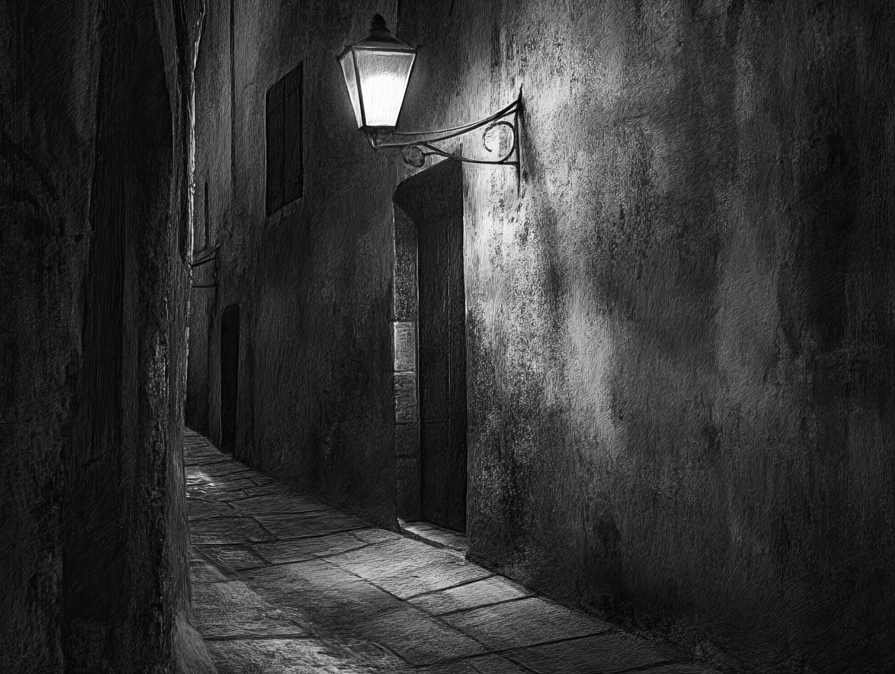 Dark alley in grayscale with dim lamp glow, narrow path lined with old bricks, moody and mysterious, eerie nighttime street, urban solitude