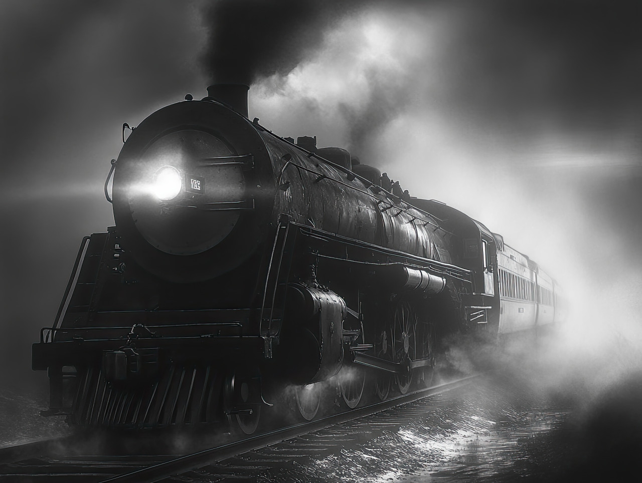 Train disappearing into dense fog in grayscale, tracks fading into mist, moody and mysterious journey, travel into the unknown, lonely railway